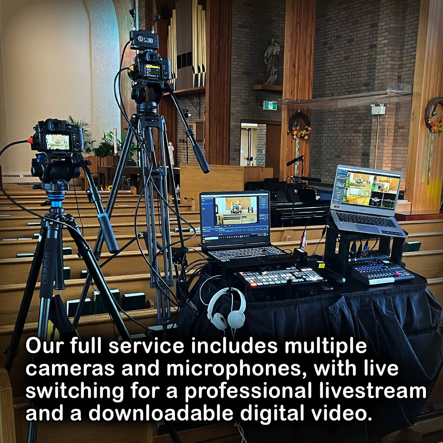 Live funeral video mixing station with audio board and laptop